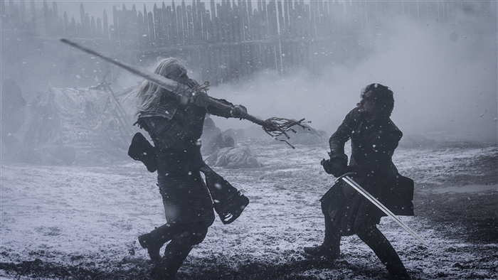 Jon Snow fighting a White Walker in the snow