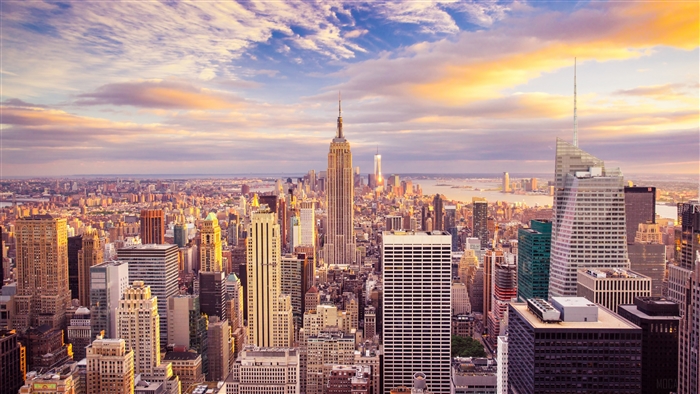 New York City Skyline with Empire State Building at Sunset 4K