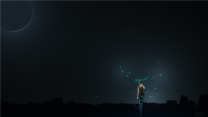 Woman in dark landscape with planet and stars 4K