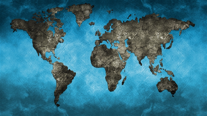 Cracked World Map on Blue Background