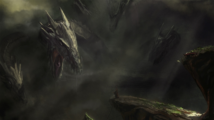 Multiple dragon heads emerging from fog