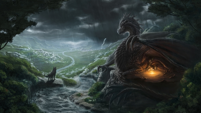 Dragon and wolf in a stormy landscape