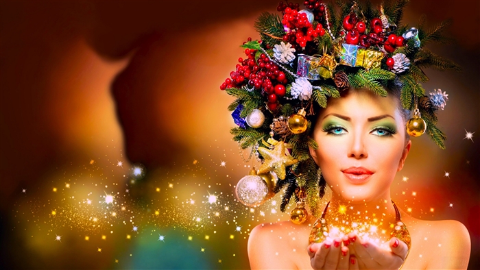 Colorful Christmas Woman with Sparkling Magic 4K