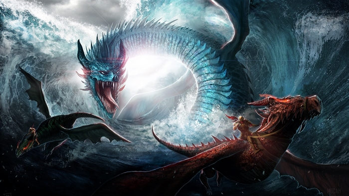 Dragons and riders in a stormy sea