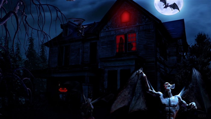4K Halloween haunted house with vampires and bats