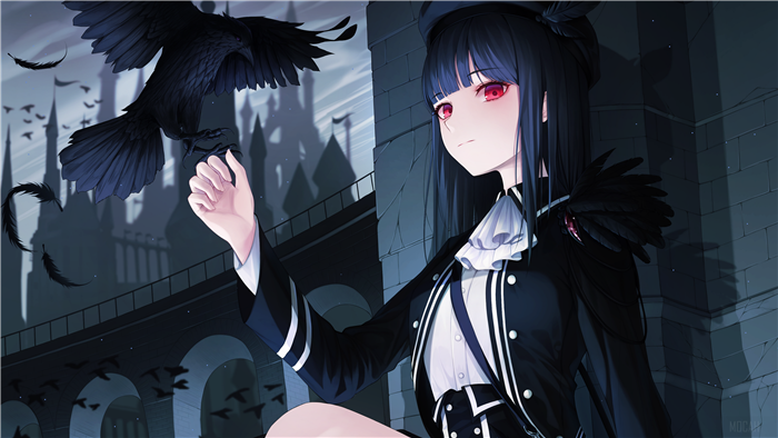 Mysterious Girl with Crow in Gothic Setting 4K