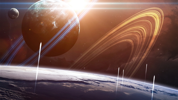Planet with rings and moon in space 4K
