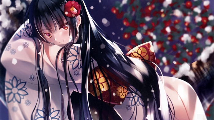 Anime girl with black hair and yellow eyes in kimono