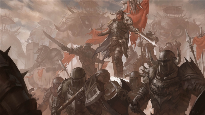 Warriors in armor with banners and weapons
