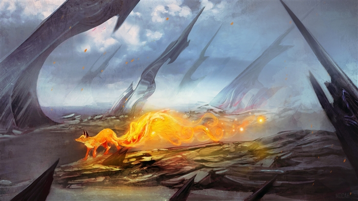 Fox with a fiery tail in a rocky landscape