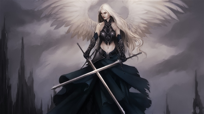 Angel warrior with white hair and swords 4K