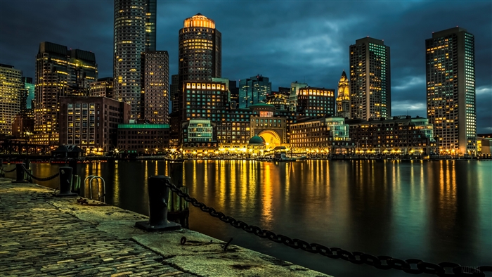 Boston Cityscape at Night with Harbor