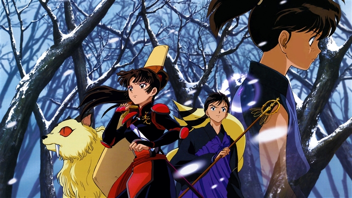 Kagome, Sango, Shippo, and Miroku from InuYasha in a snowy forest