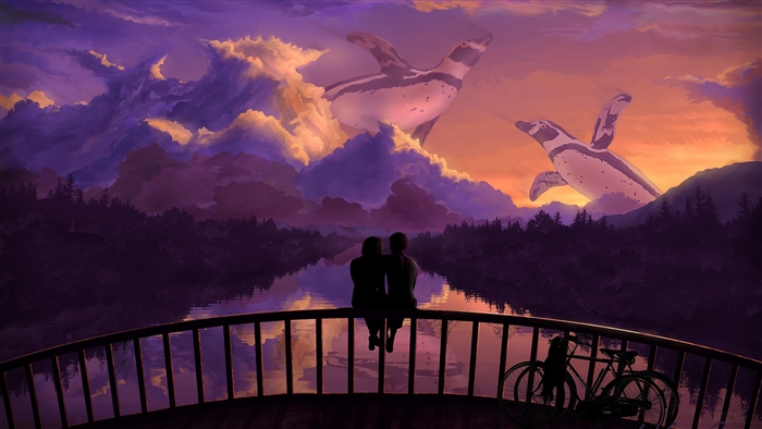 Couple on Bridge Watching Flying Penguins in Purple Sky 4K