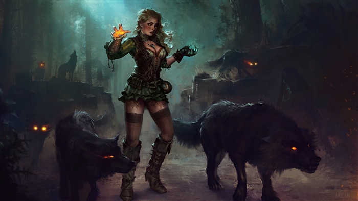 Blonde witch casting magic surrounded by wolves in dark forest 4K