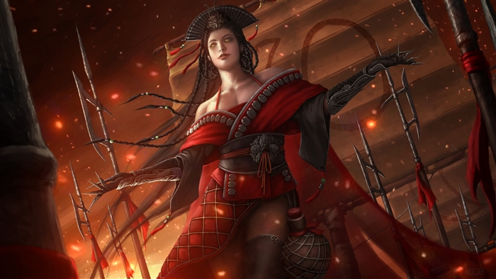 Woman in red kimono with claws and spears 4K