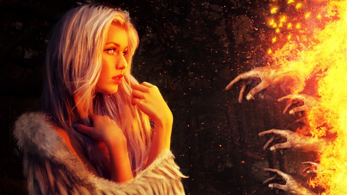 Woman with white hair and fur coat facing fiery hands