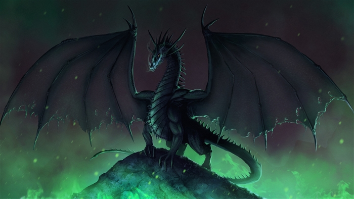 Black Dragon on Rocky Outcrop with Green Mist