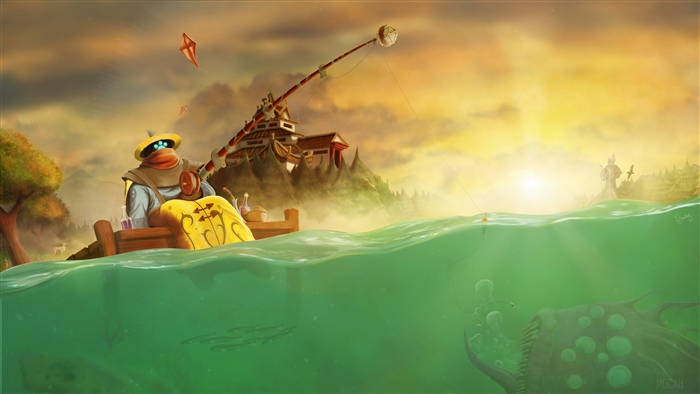 Jax fishing in a boat with a monster in the water