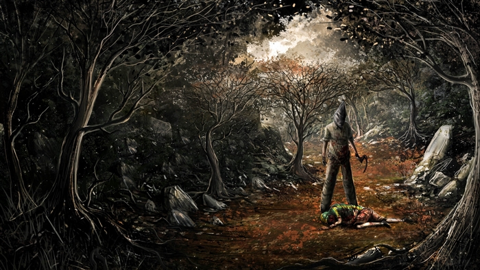 Horror scene with a killer and a victim in a forest
