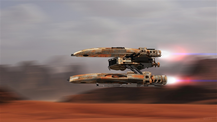 Two rusty spaceships flying over a desert landscape
