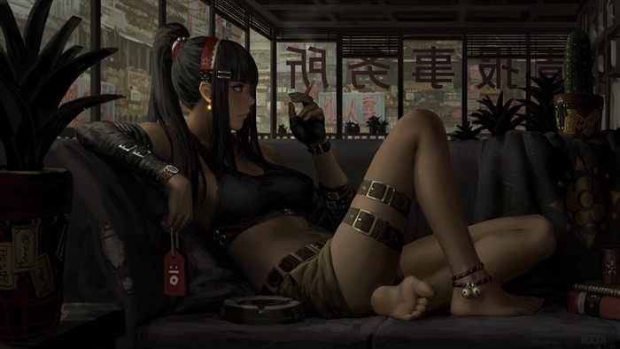 Relaxed Girl with Black Hair Smoking 4K