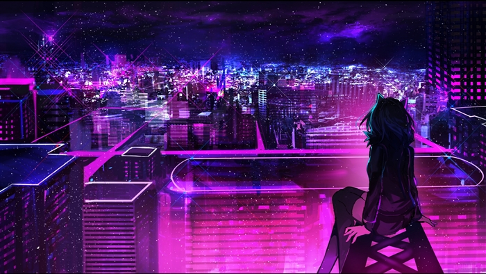Anime girl sitting on rooftop overlooking neon city at night