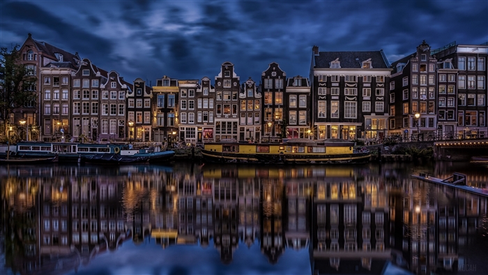 Amsterdam Canal Houses at Night with Reflections 4K