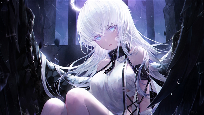 Girl with White Hair and Black Wings 4K