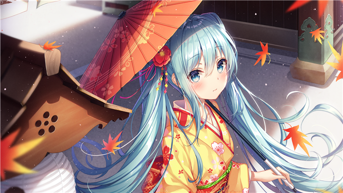 Hatsune Miku in Kimono with Umbrella and Maple Leaves 4K
