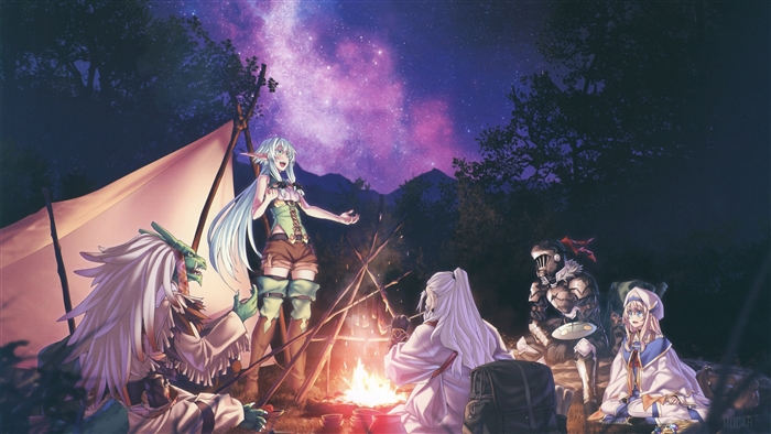 Goblin Slayer characters camping under starry sky 4K