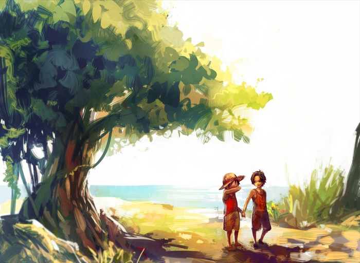Ace and Luffy from One Piece on a beach