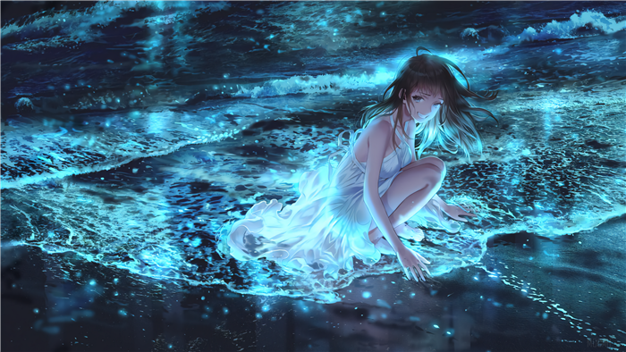 Girl in white dress by the ocean at night