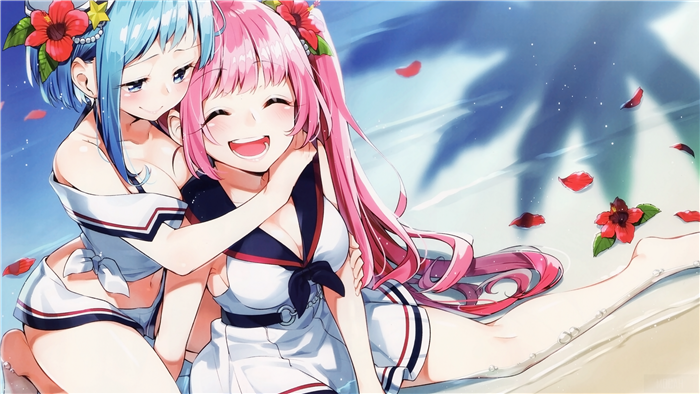 Two anime girls in swimsuits embracing