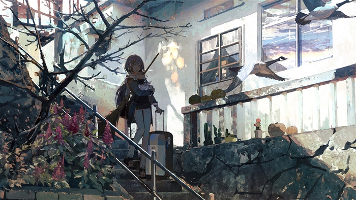 Girl with suitcase and broom, geese flying by window