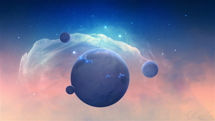 Planets and spaceships in a nebula 4K