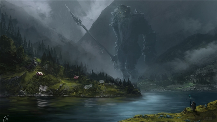 Giant with Spear and Wizard in Mountains 4K