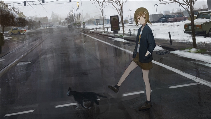 Girl and cat crossing a wet street