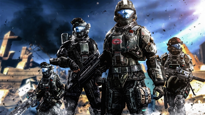 Four futuristic warriors in armor with weapons