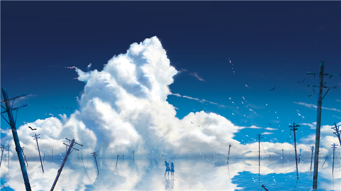 Two figures reflected in water with telephone poles and clouds