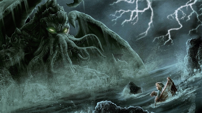 Cthulhu Facing Girl in Small Boat Amid Lightning Storm 4k