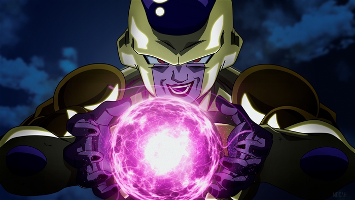Golden Frieza from Dragon Ball holding a purple energy ball