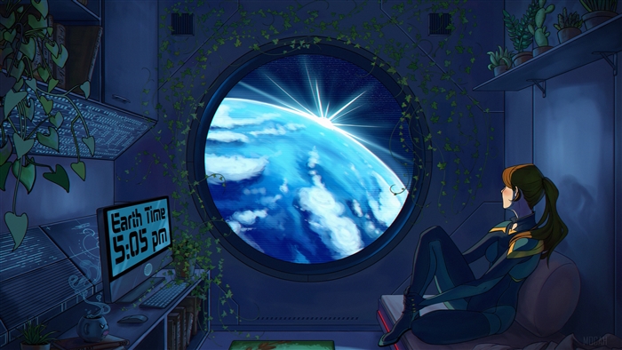 Woman in space station watching Earth sunrise 4K