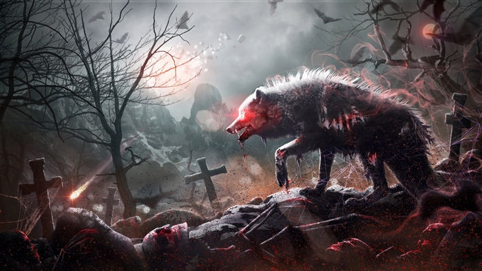 Dark Wolf with Glowing Eyes Amid Graveyard 4K