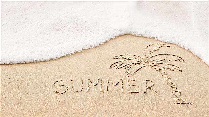 Summer written in sand with a palm tree and wave
