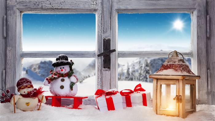 Christmas Window Scene with Snowmen and Gifts