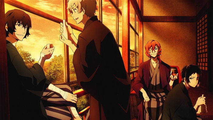 Four men in traditional Japanese clothing drinking