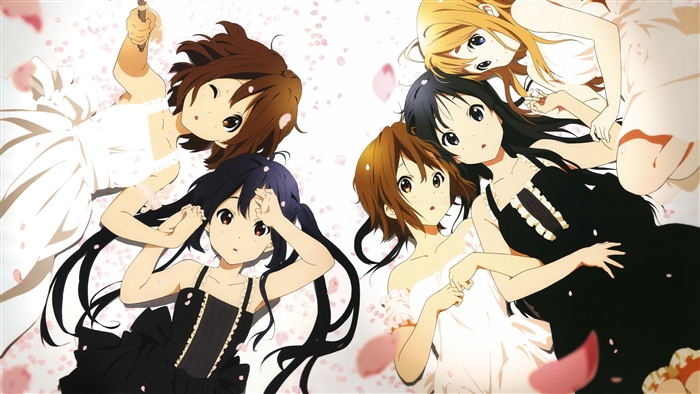 The K-On! girls in white and black dresses