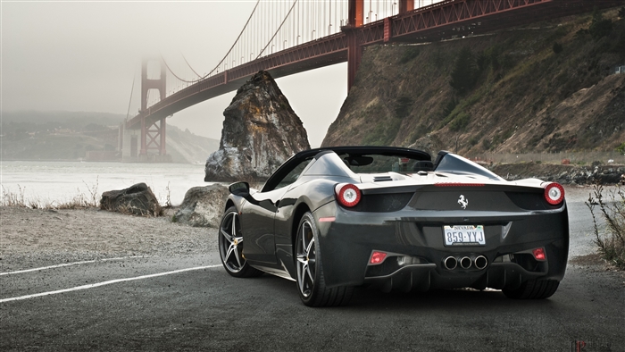 Black Ferrari 458 Spider Supercar Near Bridge