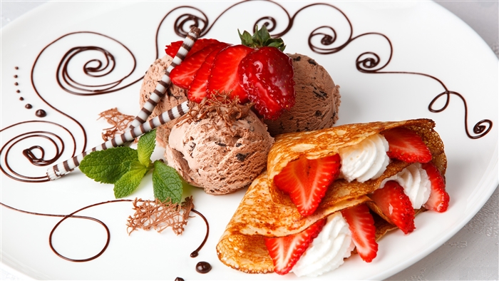 Chocolate Ice Cream with Strawberry Crepe and Chocolate Swirls 4K